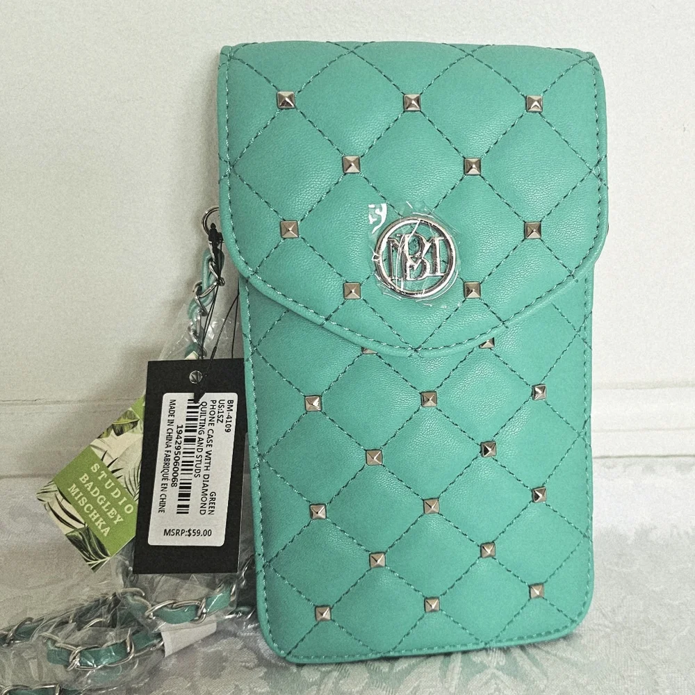 Badgley Mischka Teal Green Diamond Quilted and Studded Phone Case Crossbody